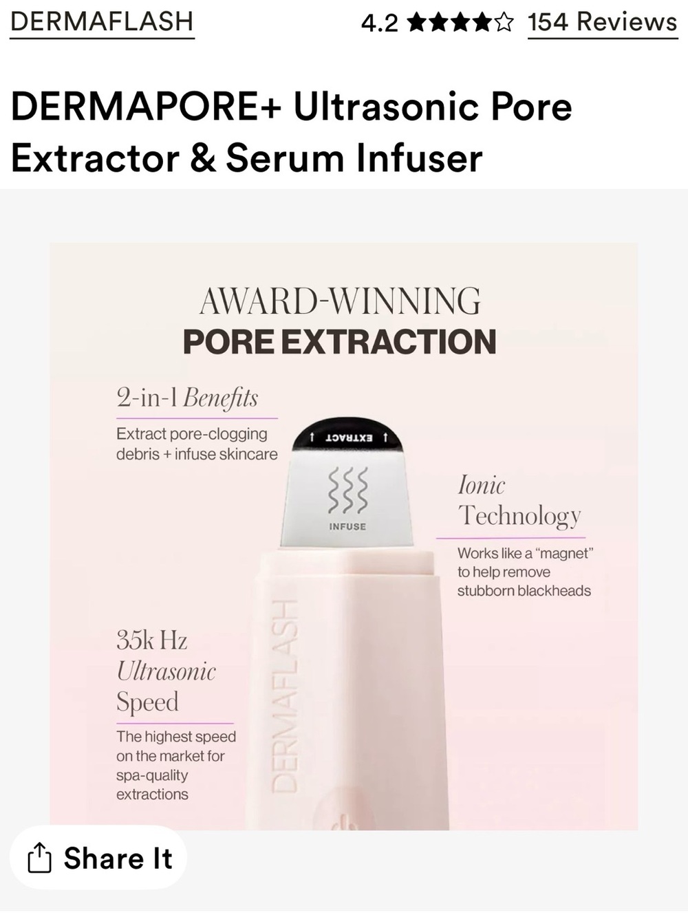 NEW - DERMAFLASH Ultrasonic Pore Extractor - Pale Pink